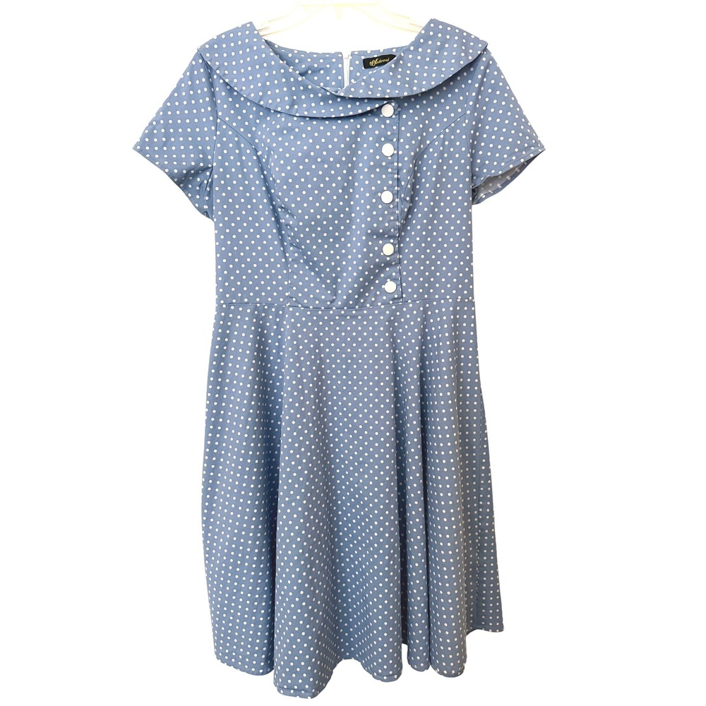 Wedtrend Blue Polka Dot Dress XL Short Sleeve Peter Pan Collar Retro Rockabilly